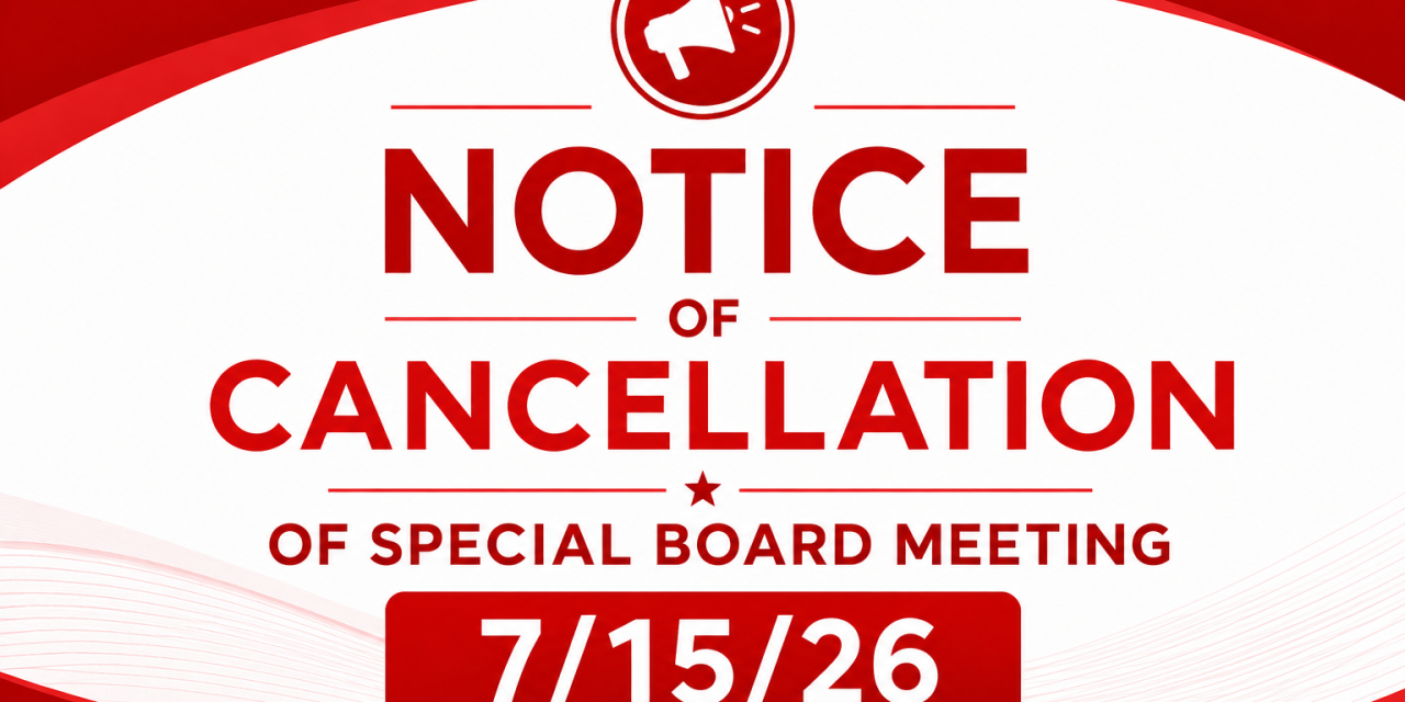 Special Meeting Cancelled 7/15